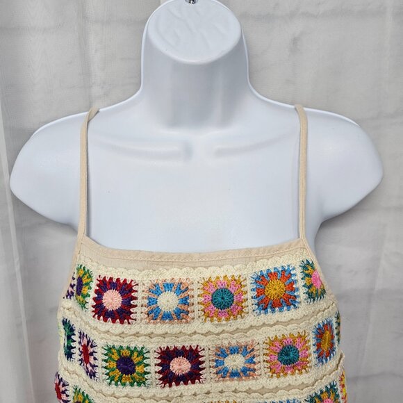 Tan Granny Square Crochet Tank Y2K Boho Hippie Granola Festival S - Picture 2 of 11